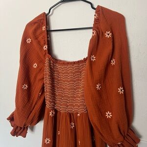 Rust Orange Smocked Dress with Floral Embroidery